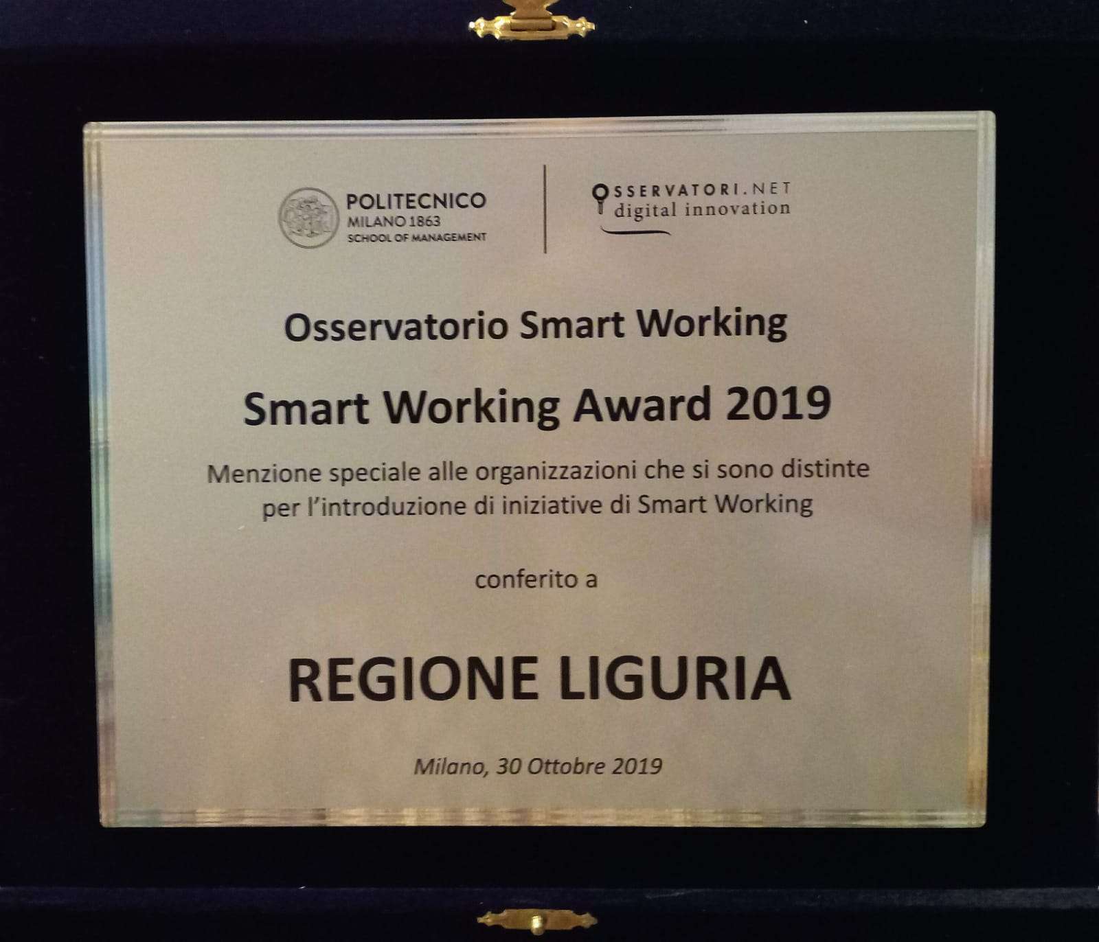 targa menzione Regione Liguria Smart Working