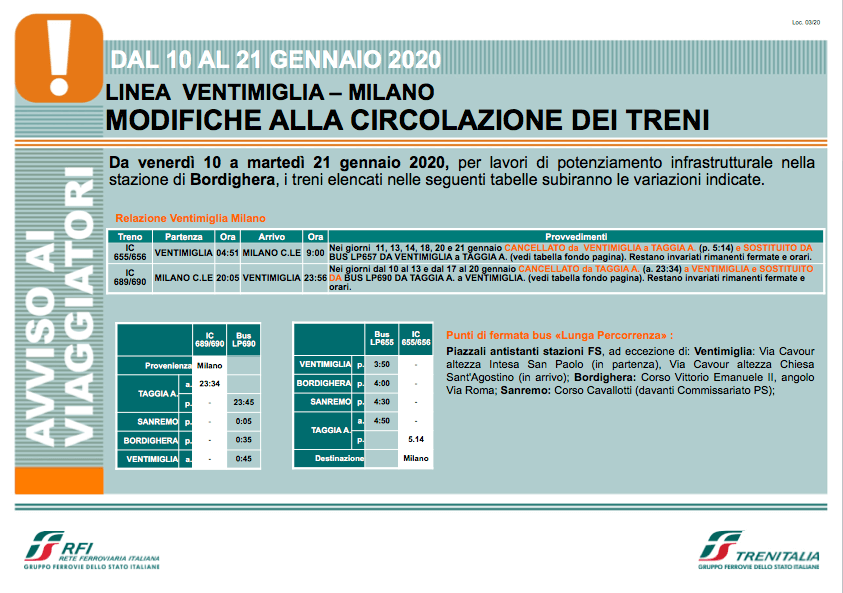 Modifiche circolazione treni Bordighera