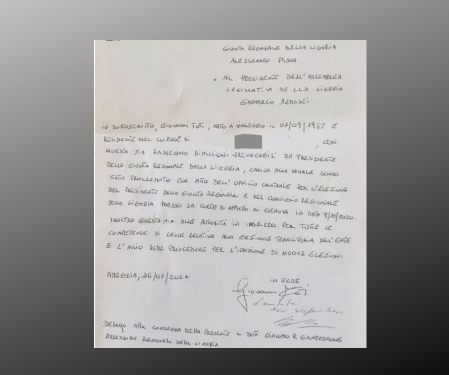 Lettera dimissioni Toti